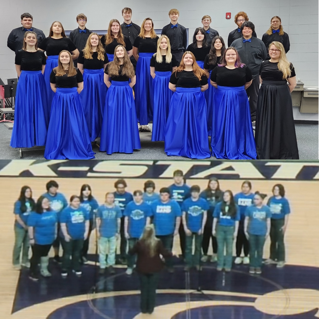 two photos of Horton Harmony. Top photo is in their uniforms prior to their performance in the community. Bottom photo is a live shot of them singing the national anthem at the 2A State Boys Basketball Championship